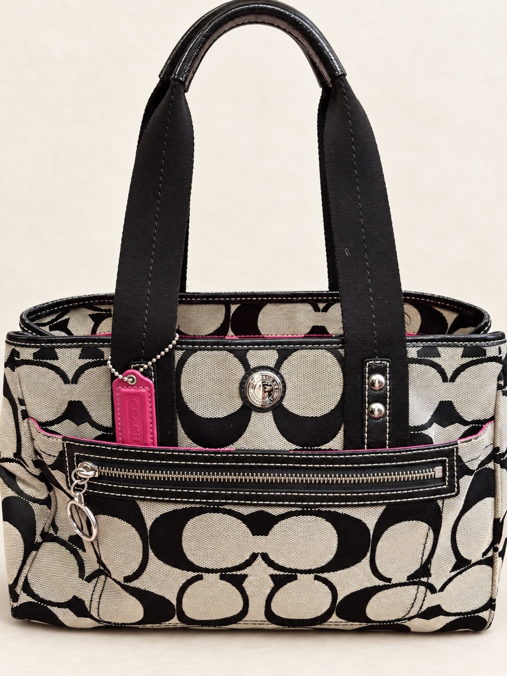 Coach Black and Cream Signature Canvas Tote with Pink Tag